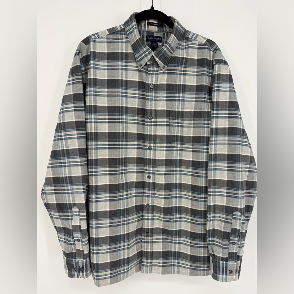 LANDS END Shirt Gray Plaid Sail Rigger Oxford Mens XL